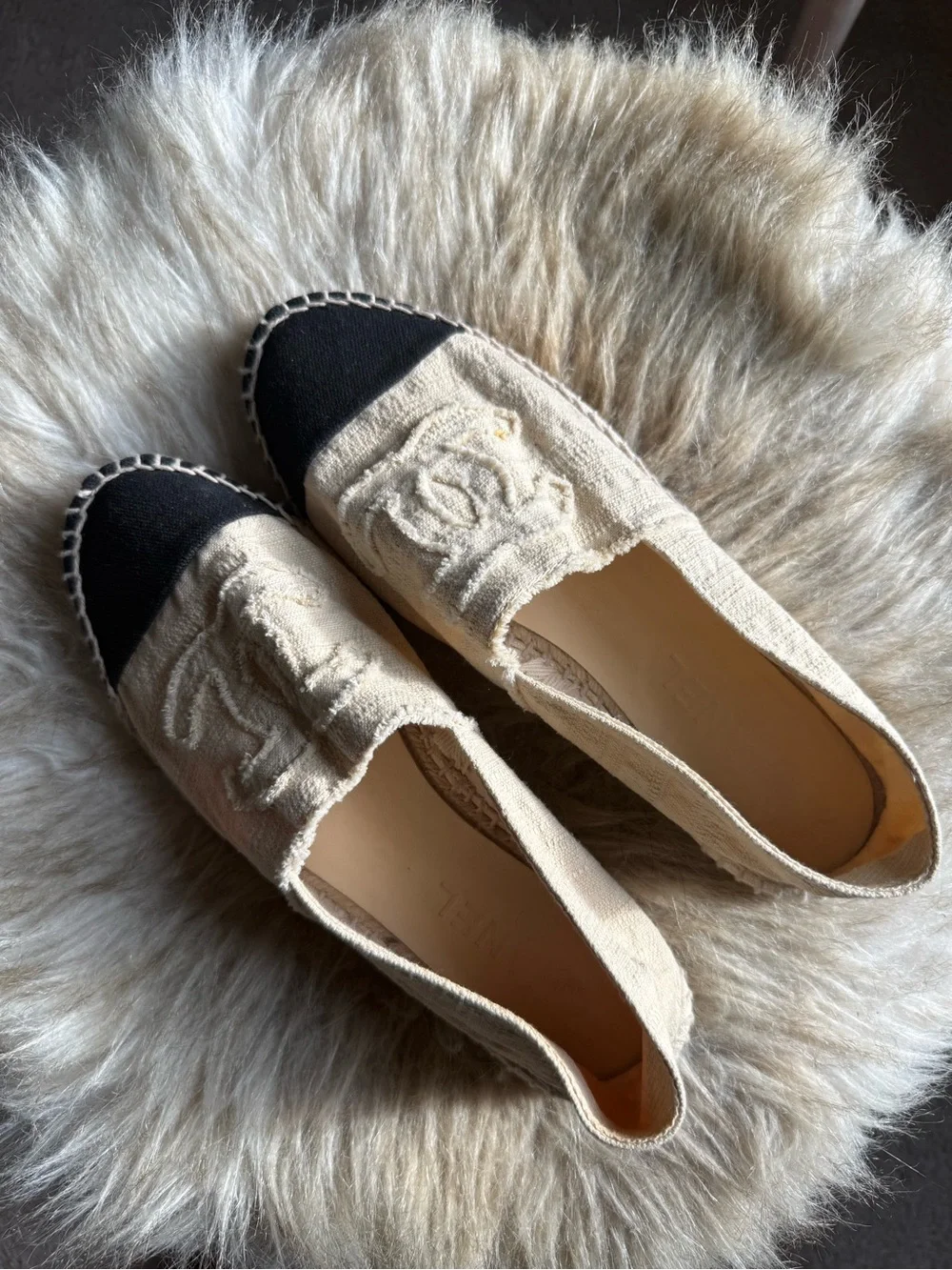 CHANEL Cream Espadrille Flats with Black Toe Cap